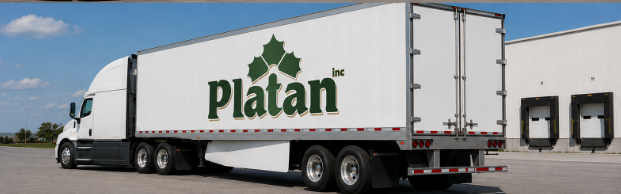 Platan Inc tractor and dry van trailer staged beside loading dock doors at a distribution warehouse