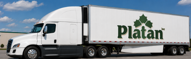 Platan Inc tractor and 53-foot dry van trailer in profile, the green Platan logo across the trailer side
